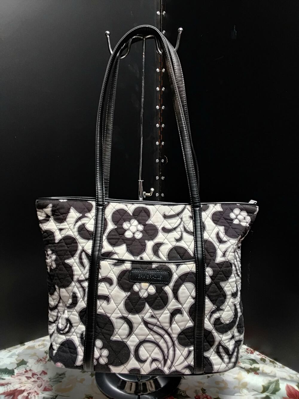 Vera Bradley Black & White Quilted Paisley Top Zipper Shoulder Bag Purse
